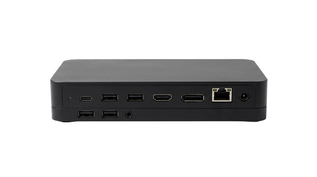 Modern black mini computer with multiple ports including USB C HDMI and Ethernet PNG Isolated on transparent background