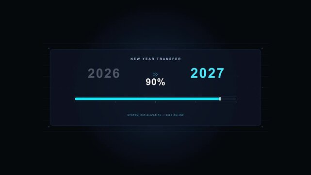 New Year 2027 loading bar animation progress from 2026, futuristic digital countdown