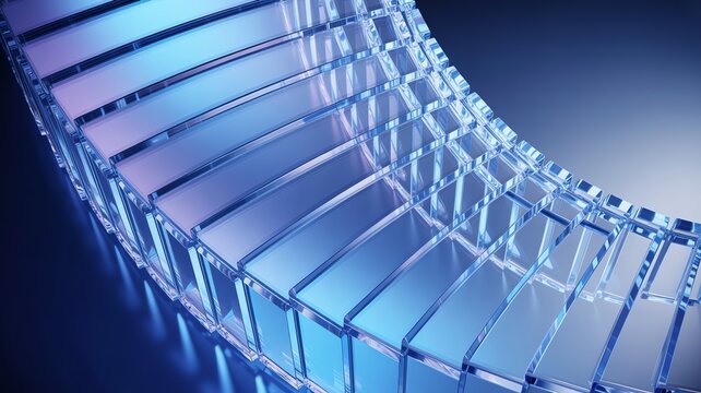 Abstract 3d blue glass crystal blocks in curved stair formation for technology and business background