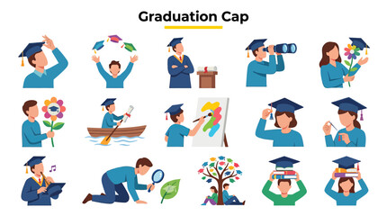 Fototapeta premium Graduation cap vector illustration set featuring students in academic attire and study icons