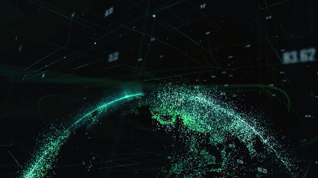 Glowing digital globe visualization featuring rotating particle networks and data motion elements in dark space background