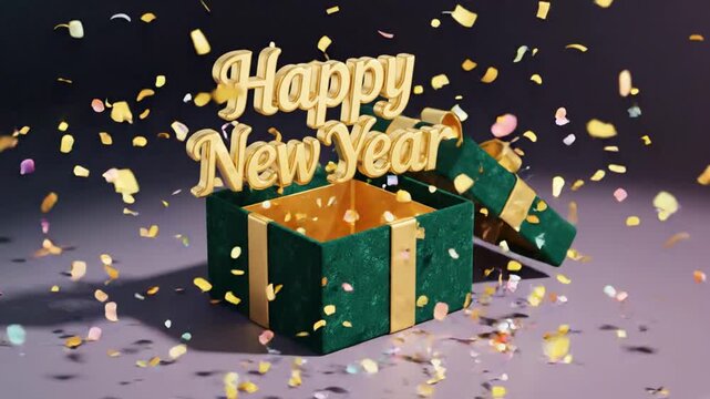 Green gift box opens revealing golden happy new year text