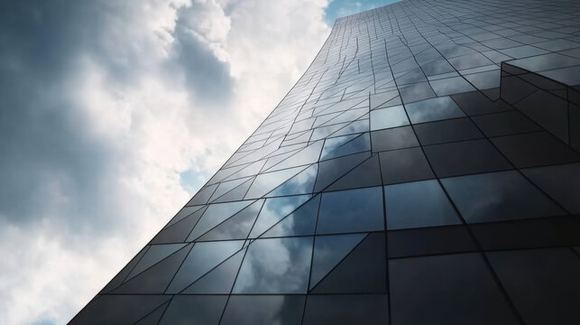 Modern building with curved glass facade reflecting sky