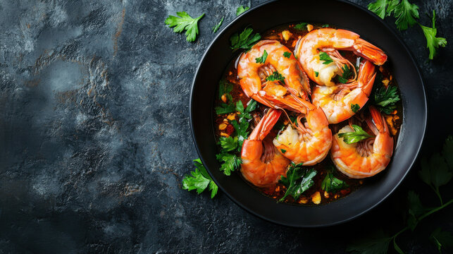 Tom Yam kung Spicy Thai soup with shrimp, seafood, coconut milk and chili pepper in a bowl, top view