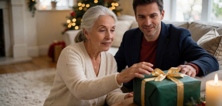Surprise Christmas gift moment as an elderly woman curiously touches a wrapped present while a younger man watches warmly in a cozy setting.