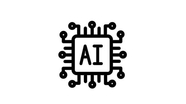 Minimal white AI processor chip outline icon with animated circuit paths on white background, modern 4K motion graphic.