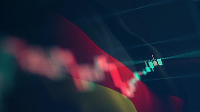 A dynamic timelapse video featuring fast moving stock market candlestick bars blended with a waving German flag, representing German economy, European financial markets, and Dax trading dynamics.