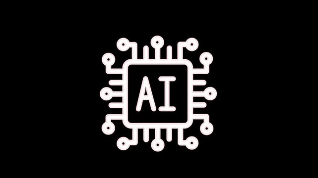 animated chip icon for technology, overlays, and motion graphics. Black AI processor chip outline icon animation with smooth circuit lines motion on white background.