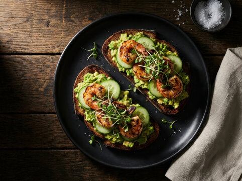 Avocado and Shrimp Toast on a Ceramic Plate