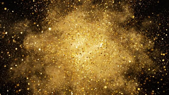 Golden glitter particle explosion on black background