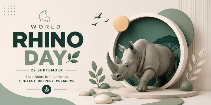 World rhino day banner featuring rhinoceros in 3D nature scene wildlife conservation animal protection save rhinos