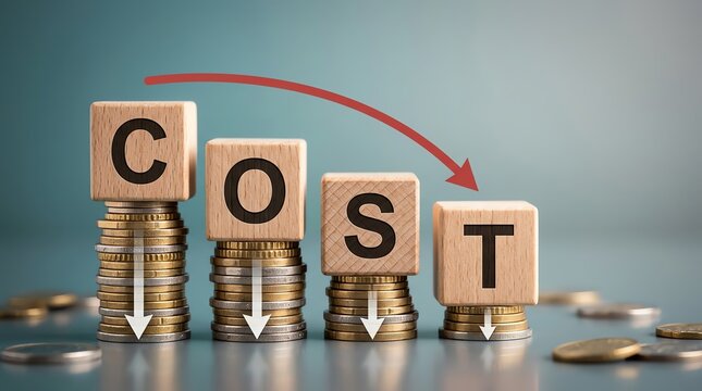Wooden Blocks Spell Cost with Coins and Red Arrow