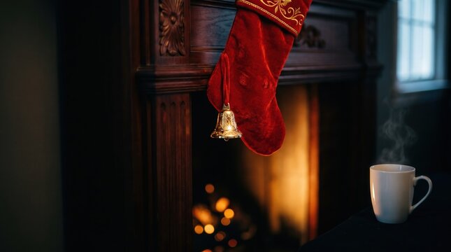 Red velvet Christmas stocking with gold bell hanging from dark wood fireplace mantel. Christmas stocking adds festive touch near warm fire glow and steaming white mug in cozy winter home.