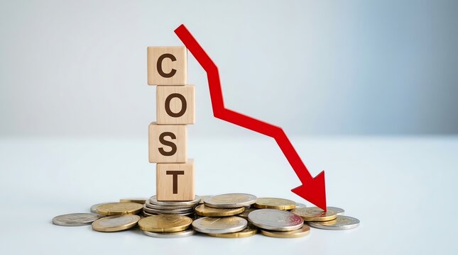 Cost Reduction Concept with Falling Arrow and Coins