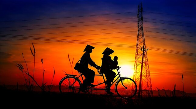 Silhouette of Asian family riding tandem bicycle at sunset wearing conical hats. Scenic evening ride, harmony of nature and industry, traditional hat riders, and family cycling sunset photo.