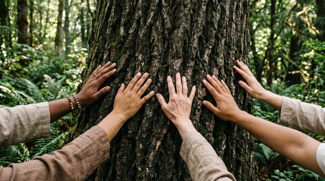 Diverse hands touching ancient tree trunk in lush green forest symbolizing unity and nature connection