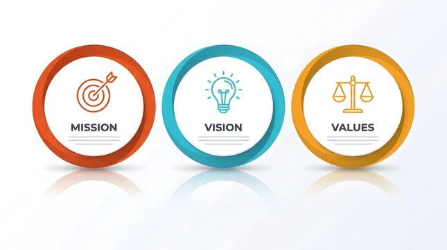 Business mission vision values with icons and reflections