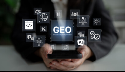Naklejka premium Digital marketing concept featuring GEO strategy, optimizing content for AI search engines and large language models. Evolution of SEO, brand authority, and AI citation visibility. Corpus