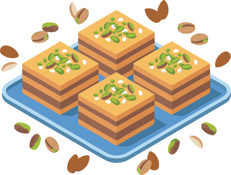 Four stacked layers of oriental baklava pastry with chopped pistachios on top served on a blue platter with scattered nuts.
