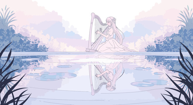 Elegant white harp reflected in calm water.