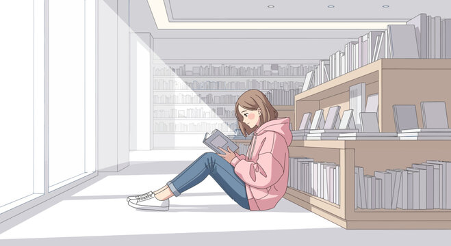 Young woman reading a book in a library 1.