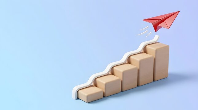 Red paper airplane flies up a rising bar chart graph
