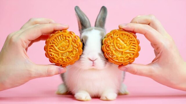 Cute rabbit with mooncakes over eyes for Mid-Autumn Festival, playful lunar holiday aesthetic, funny bunny food moment, festive vibes, cozy celebration