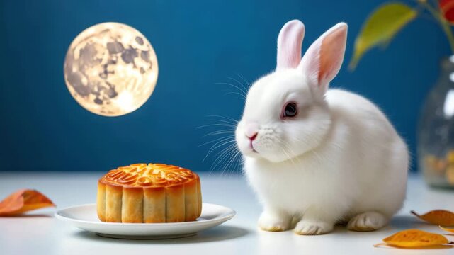 White moon rabbit beside traditional mooncake under full moon for Mid-Autumn Festival celebration