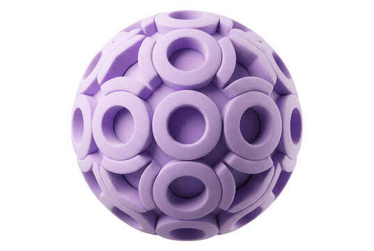 Eine abstrakte, violette Kugel mit einem komplexen, geometrischen Muster aus erhabenen Ringen und kreisf&ouml;rmigen Vertiefungen, isoliert auf einem rein wei&szlig;en Hintergrund f&uuml;r modernes Grafikdesign.