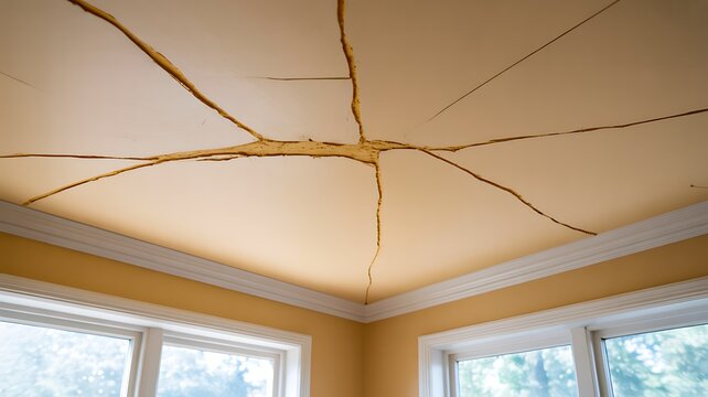 Cracked ceiling showing structural damage and signs of deterioration inside a residential room