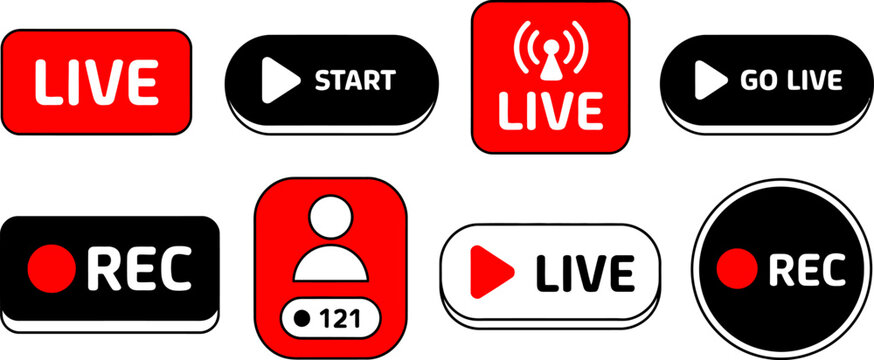 Set of red and black live streaming and recording interface buttons with play icons and viewer count indicators.