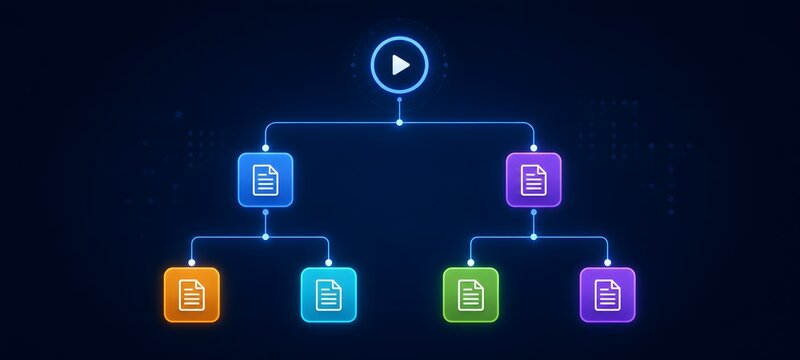 Hierarchical tree structure diagram with digital document icons and play button, data classification and automated workflow branching concept