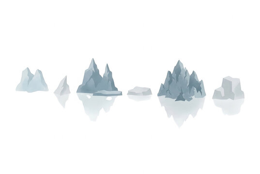 Eine Sammlung von isolierten Eisbergen und Gletschern mit Spiegelung auf wei&szlig;em Hintergrund, flaches Vektordesign f&uuml;r arktische Landschaften, Klimawandel-Konzepte und winterliche Illustrationen.