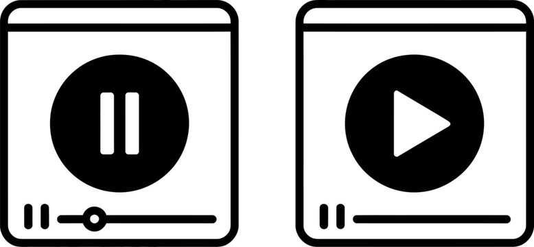 Two identical black and white player interface icons with pause and play buttons on a white background.