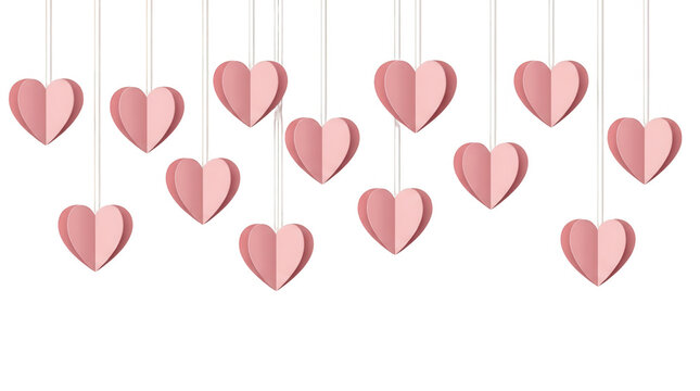 Eine Reihe von zartrosa Papierherzen, die an feinen wei&szlig;en Schn&uuml;ren vor einem rein wei&szlig;en Hintergrund h&auml;ngen, ideal f&uuml;r Valentinstag-Dekorationen, Hochzeitskarten oder romantische Designprojekte.