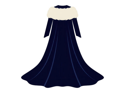 Ein eleganter, dunkelblauer Umhang mit einem luxuri&ouml;sen, cremefarbenen Pelzkragen, dargestellt als flache Vektorillustration auf einem sauberen, wei&szlig;en Hintergrund f&uuml;r Mode- und Designprojekte.