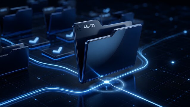 Digital asset management system showing glowing blue corporate file folder on futuristic network grid for secure cloud storage solutions
