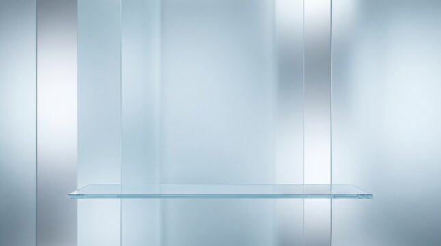 Minimalist glass shelf for product display with geometric ribbons sweeping diagonally and a futuristic light blue background for clean presentation