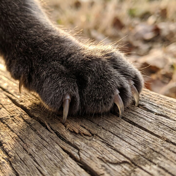 Cat paw with sharp claws extended on weathered wood