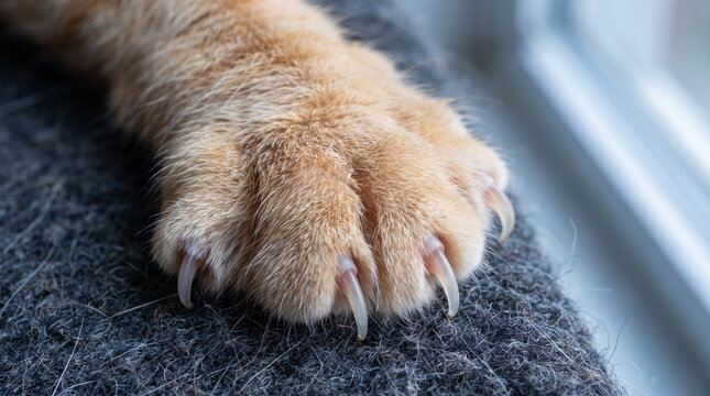 Ginger cat paw with sharp extended claws on dark fabric