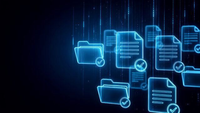 Secure data migration concept showing floating verified digital folders and approved documents syncing in modern cloud storage network