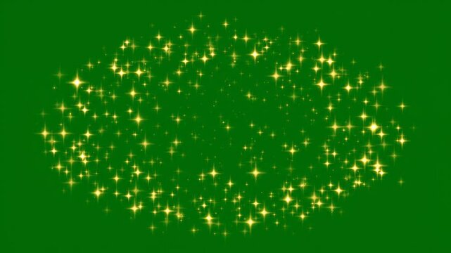 Animated golden star particles bursting and scattering on a green screen, ideal for compositing video overlays, motion graphics, special effects, and celebration visuals.