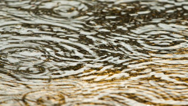 Heavy raindrops falling on wet golden brown asphalt road surface close up.A stunning close-up abstract shot capturing heavy raindrops splashing onto a wet outdoor surface