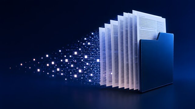 Electronic document archiving concept displaying physical paper folder dissolving into glowing digital data particles for modern paperless business management