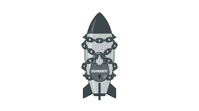 Conceptual illustration of a nuclear missile restrained by metal chains and a locked padlock representing the global initiative for total disarmament