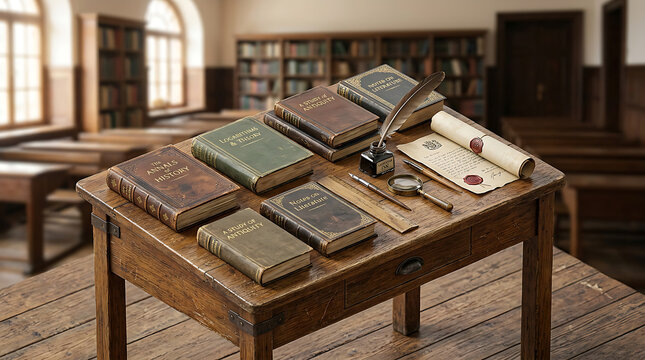 Vintage wooden table with old books and ledgers.