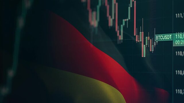 A dynamic timelapse video featuring fast moving stock market candlestick bars blended with a waving German flag, representing German economy, European financial markets, and Dax trading dynamics.