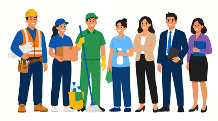 Obraz premium Group of diverse employees in professional uniforms including construction worker, delivery person, janitorial staff, healthcare worker, and business professionals standing together