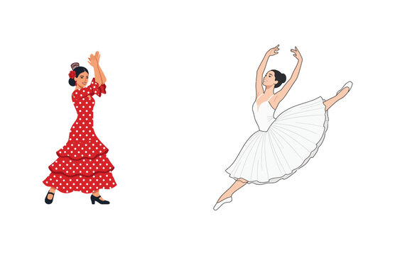 Elegant Spanish Flamenco Dancer and Graceful Classical Ballerina Illustration