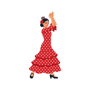 Elegant Spanish Flamenco Dancer Performing Traditional Dance in Polka Dot Red Dress